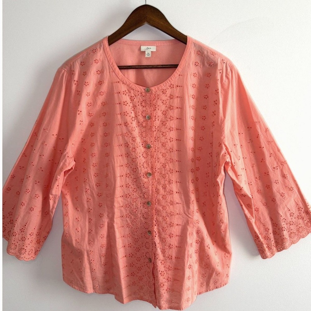 Coral Eyelet Embroidered Button Front Blouse Bell Sleeve Cottagecore Boho Top XL - Picture 1 of 9